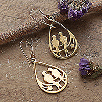 Brass dangle earrings, 'Shadow of Love' - Romantic Drop-Shaped Love Birds Brass Dangle Earrings