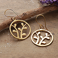 Brass dangle earrings, 'Era of Verdure' - High-Polished Round Leafy Brass Dangle Earrings from India