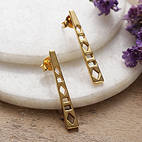 Brass drop earrings, 'Stairway to Glam' - Geometric-Themed Modern Brass Drop Earrings from India