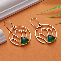 Onyx dangle earrings, 'Lotus Dawn' - Lotus-Themed Brass and Green Onyx Dangle Earrings from India