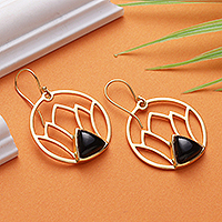 Onyx dangle earrings, 'Lotus Night' - Lotus-Themed Brass and Black Onyx Dangle Earrings from India