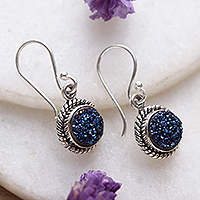 Drusy quartz dangle earrings, 'Sparkling Intuition' - Classic Blue Drusy Quartz Cabochon Dangle Earrings