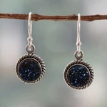 Drusy quartz dangle earrings, 'Sparkling Intuition' - Classic Blue Drusy Quartz Cabochon Dangle Earrings