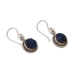 Drusy quartz dangle earrings, 'Sparkling Intuition' - Classic Blue Drusy Quartz Cabochon Dangle Earrings