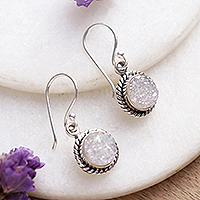 Drusy quartz dangle earrings, 'Sparkling Peace' - Classic Clear Drusy Quartz Cabochon Dangle Earrings