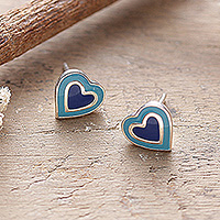 Sterling silver stud earrings, 'Blue Fancy Heart' - Hand-Painted Silver Heart Stud Earrings in Blue Shades