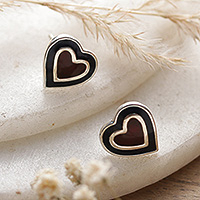 Sterling silver stud earrings, 'Red Fancy Heart' - Hand-Painted Silver Red and Black Heart Stud Earrings