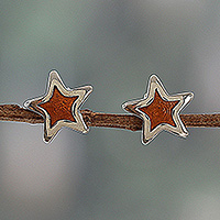 Sterling silver stud earrings, 'Orange Sparkly Star' - Hand-Painted Sterling Silver Star Stud Earrings in Orange