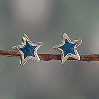 Sterling silver stud earrings, 'Blue Sparkly Star' - Hand-Painted Polished Silver Blue Star Stud Earrings