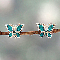 Cubic zirconia stud earrings, 'Butterfly Daydream' - Cubic Zirconia Silver Hand-Painted Butterfly Stud Earrings