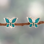 Cubic zirconia stud earrings, 'Butterfly Daydream' - Cubic Zirconia Silver Hand-Painted Butterfly Stud Earrings