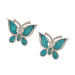 Cubic zirconia stud earrings, 'Butterfly Daydream' - Cubic Zirconia Silver Hand-Painted Butterfly Stud Earrings
