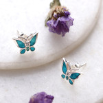 Cubic zirconia stud earrings, 'Butterfly Daydream' - Cubic Zirconia Silver Hand-Painted Butterfly Stud Earrings