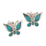 Cubic zirconia stud earrings, 'Butterfly Daydream' - Cubic Zirconia Silver Hand-Painted Butterfly Stud Earrings