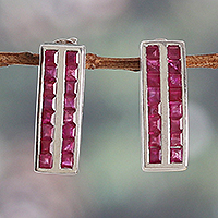 Rhodium-plated ruby drop earrings, 'Path to Love' - Artisan-Made Rhodium-Plated One-Carat Ruby Drop Earrings