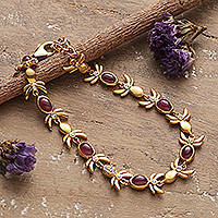 Gold-plated ruby link bracelet, 'Capricious Fantasy' - Fair Trade 22k Gold-Plated Ruby and Cubic Zirconia Bracelet