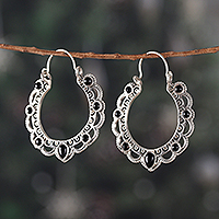 Onyx hoop earrings, 'Breathtaking Midnight' - Openwork Sterling Silver Black Onyx Hoop Earrings from India