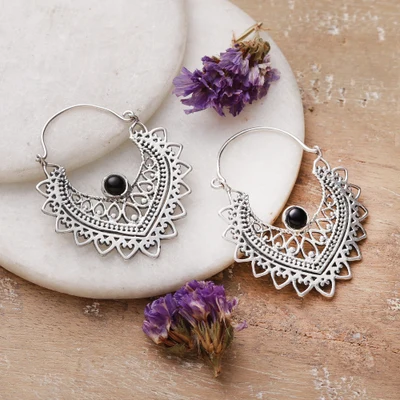 Onyx hoop earrings, 'Nest of Enigmas' - Classic Indian Sterling Silver and Black Onyx Hoop Earrings