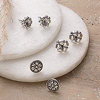 Sterling silver stud earrings, 'Floral Harmony' (set of 3) - Set of 3 Sterling Silver Stud Earrings with Floral Motifs