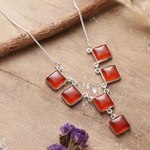 Carnelian pendant necklace, 'Flare Glam' - Indian-Made Geometric Carnelian Cabochon Pendant Necklace
