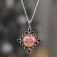 Rhodochrosite and garnet pendant necklace, 'Sweet Fascination' - Rhodochrosite and Garnet Sterling Silver Pendant Necklace