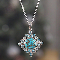 Reconstituted turquoise and blue topaz pendant necklace, 'Bold Fascination' - Reconstituted Turquoise Blue Topaz Silver Pendant Necklace