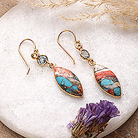 Gold-plated reconstituted turquoise and blue topaz dangle earrings, Glam of the Beach