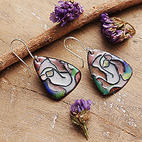 Vitreous enamel and copper dangle earrings, 'Unforgettable Face' - Modern Vitreous Enamel on Copper Earrings of Abstract Face