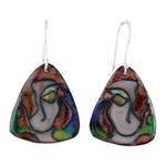 Vitreous enamel and copper dangle earrings, 'Unforgettable Face' - Modern Vitreous Enamel on Copper Earrings of Abstract Face