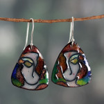 Vitreous enamel and copper dangle earrings, 'Unforgettable Face' - Modern Vitreous Enamel on Copper Earrings of Abstract Face