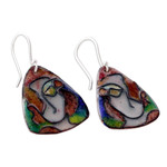 Vitreous enamel and copper dangle earrings, 'Unforgettable Face' - Modern Vitreous Enamel on Copper Earrings of Abstract Face