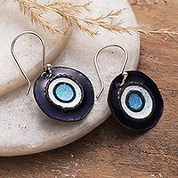 Vitreous enamel and copper dangle earrings, 'Royal Discs' - Blue White Disc Vitreous Enamel on Copper Dangle Earrings