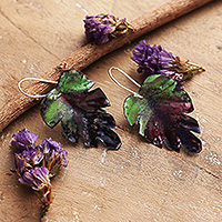 Vitreous enamel and copper dangle earrings, 'Fall Leaves' - Green Pink and Red Vitreous Enamel on Copper Leaf Earrings