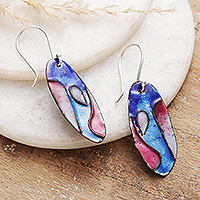 Vitreous enamel and copper dangle earrings, 'Elliptical Allure' - Abstract Blue White Red Vitreous Enamel on Copper Earrings