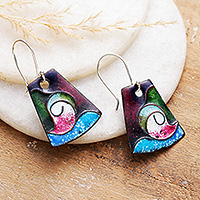 Hand-painted copper dangle earrings, 'Paisley Chronicles' - Geometric Paisley Copper Dangle Earrings Painted in India