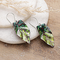 Hand-painted copper dangle earrings, 'Timeless Leafage' - Artisan-Made Leaf-Shaped Copper Dangle Earrings in Green