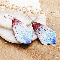 Hand-painted copper dangle earrings, 'Glacial Seduction' - Fair Trade Hand-Painted Blue and Red Copper Dangle Earrings