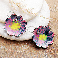 Hand-painted copper dangle earrings, 'Capricious Petals' - Spring-Themed Painted Pink and Yellow Copper Dangle Earrings