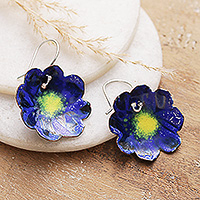 Hand-painted copper dangle earrings, 'Palatial Petals' - Floral Hand-Painted Blue and Yellow Copper Dangle Earrings