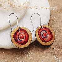 Copper dangle earrings, 'Golden Focus' - Indian Hand-Painted Golden and Red Copper Dangle Earrings