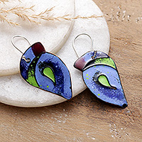 Vitreous enamel and copper dangle earrings, 'Bird Splendor' - Blue Bird-Themed Vitreous Enamel on Copper Dangle Earrings