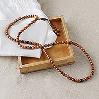 Wood and onyx beaded necklace, 'Peaceful Puissance' - Fair-Trade Indian Sandalwood and Onyx Beaded Long Necklace