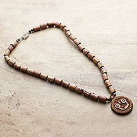 Wood beaded pendant necklace, 'Lord of the Universe' - Traditional Tulsi Wood Jagannatha Beaded Pendant Necklace