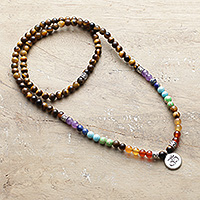 Multi-gemstone beaded pendant necklace, 'Sacred Universe' - Artisan-Made Multi-Gemstone Om Beaded Pendant Necklace