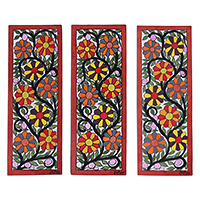 Madhubani paintings, 'Floral Celebration' (set of 3) - Classic Set of 3 Vegetable Dye Spring Madhubani Paintings