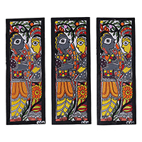 Madhubani paintings, 'Divine Love' (set of 3) - Set of 3 Traditional Radha and Krishna Madhubani Paintings