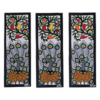 Madhubani paintings, 'Peacock Majesty' (set of 3) - Eco-Friendly Peacock Madhubani Painting Triptych from India