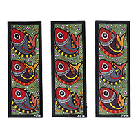 Madhubani paintings, 'Fish Unison' (set of 3) - Set of 3 Colorful Fish Madhubani Paintings Handmade in India