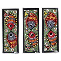 Madhubani paintings, 'Symmetrical Fish' (set of 3) - Fish-Themed Eco-Friendly Signed Madhubani Painting Triptych