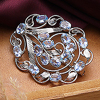 Rhodium-plated blue topaz brooch pin, 'Iridescent Wonder' - Rhodium-Plated High-Polished 16-Carat Blue Topaz Brooch Pin